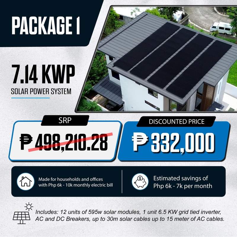 7.14 kWp residential solar power system package with discounted pricing and monthly energy savings estimate.